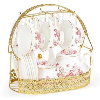 fanquare 21 Stück Euklidisch Vintage Porzellan Teeservice, Rote Blätter Nachmittagstee Set, Keramik Kaffeeservice mit Ständer Löffel für Frauen Hochzeit