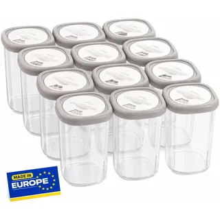 IDOBY 12er Set Gewürzbox aus Kunststoff, Transparente Gewürzdose, BPA-Freiem Kunststoff Camping Gewürzbox, Küche Salz- und Pfefferstreuer Gewürzdosen für Aufbewahrung Gewürze (transparente)