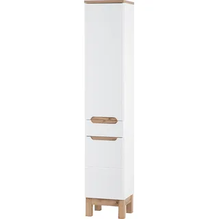 Hochschrank für das Badezimmer, 35 cm hoch, weiß glänzend, Eiche, 2 Türen, Schublade, modern - Weiß