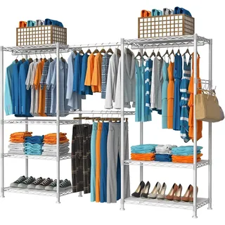 VyGrow Schwerlast Kleiderstände zum Aufhängen von Kleidung, Kleiderständer mit 4 Aufhängestangen & 7 Regalen, 175 cm Lx39.9 cm Bx194.1 cm H, (weiß)