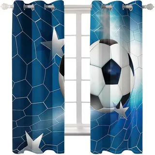 PVMLVM Schlafzimmer Vorhang 2Er Set 3D Kunst Blauer Fußball Muster Verdunkelung Gardinen Blickdicht Mit Ösen Polyester Vorhänge Für Kinderzimmer Wohnzimmer Fensterdekoration 234x230cm