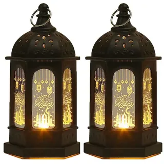 Anlising 2 Stücke Ramadan Dekoration Laterne,Ramadan Deko Licht Vintage Laterne Deko,Ramadan Deko Lampe,Eid Mubarak Laterne Mond Stern Dekoration,für Ramadan Muslimische Home Tabletop Decor(Schwarz)
