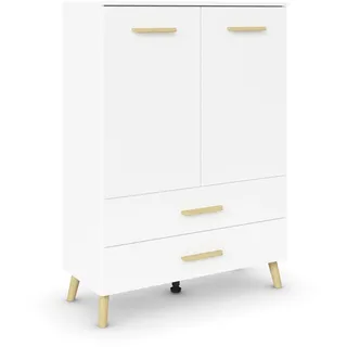 Rauch Möbel Skandi by Aditio Hochkommode, Kommode, Highboard, Türkommode, Schubladenschrank, 2-türig, 2 Schubkästen, Soft-Close, Holzfuß, Farbe Alpinweiß, 93x130x44cm