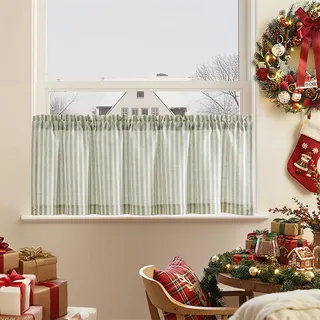 TOPICK 1 Stück H 40 x B 125 (cm) Scheibengardine modern Gestreift Leinen Gardinen mit Streifen Küchenvorhang Blickdicht Kurz Küchengardinen für Küchen lichtdurchlässig Klein Fenster Grün auf Beige