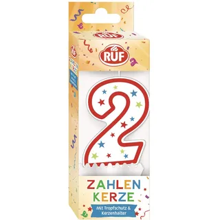 RUF Zahlenkerze Nummer 2, rote Geburtstags-Kerze mit bunten Sternchen, hochwertige Jubiläums-Kerze mit Tropfschutz, ideal als Kuchen Deko, 1 Stück