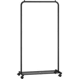 SONGMICS Kleiderständer, Kleiderstange auf Rollen, Garderobenständer 74 cm breit, Rollgarderobe mit Gitterablage, bis 35 kg belastbar, 2 Rollen arretierbar, Stahlrahmen, schwarz HSR130B01