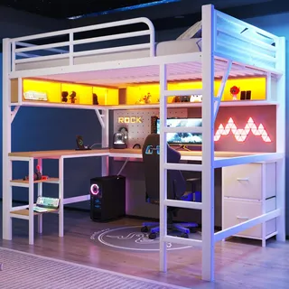 Gaming-Hochbett aus Metall 140x200 cm mit Schreibtisch, Bücherregal, Schrank, Stauraum, LED-Beleuchtung und USB, Weiß - Weiß