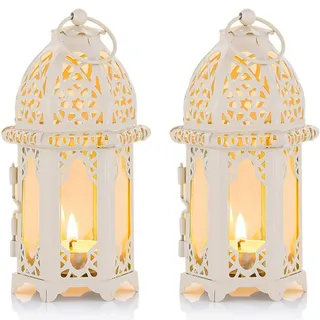 NUPTIO Ramadan Deko Laterne Dekoration - Islam Deko Eid Mubarak Dekoration Ramadan Tischdeko Set Ramadan Mubarak Metall Glas Kleine Teelichthalter Kerze Laternen 2 Stück Weiß فانوس رمضان زينة رمضان
