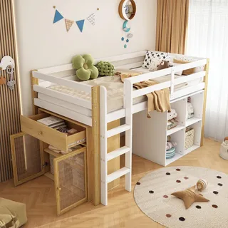 Flieks Etagenbett 90x200cm mit Schrank und Schublade, Kinderbett mit Lattenrost und Rausfallschutz, Hochbett mit Leiter, Stockbett Weiß - Naturbelassen