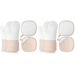 Romon Topflappen Set 4-teilig Ofenhandschuhe Hitzebestaendig Silikon-Beschichtung Topfhandschuhe rutschfeste Lange Ideal für Backen Kochen Camping Beige (Packung mit 2)