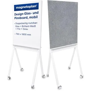 magnetoplan Design-Glas- & Pinnboard, mobil, Weiss | Whiteboard magnetisch + Pinnboard | Mobiles Board doppelseitig | Magnetwand auf Rollen | Hochwertige Glasoberfläche | BxHxT 760x1800x600mm