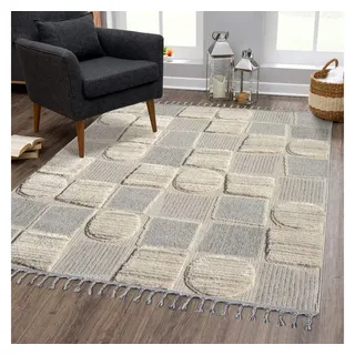 Carpet City Teppich Boho Wohnzimmer - Creme - 140x200 cm - Patchwork-Muster - Relief-Optik, 3D-Effekt - Cut-&Loop, Sisal - Moderne Fransen-Teppiche Schlafzimmer