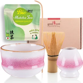 Goodwei BIO Matcha aus Japan im Matcha-Set komplett mit hochwertiger Matcha Schale aus Keramik, Matcha Besen und Besenhalter | Geschenkset für Teezeremonie (Kiku)