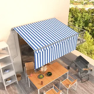 The Living Store Markise Automatisch Einziehbar mit Volant 3x2,5 m Blau und Weiß - Blau