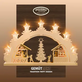 Weigla Schwibbogen »Weihnachtsmarkt, Lichterbogen aus Holz, NATUR, Made in Germany« 1 Stk. Erzgebirge garantiert, Weihnachtsdeko Innen, Weihnachtsbeleuchtung, beige