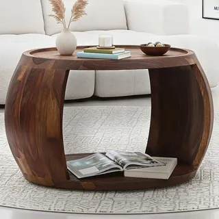 FineBuy Couchtisch Sheesham Massivholz rund 60cm · Wohnzimmertisch mit Ablagefach · Handgefertigt aus Echtholz im Landhaus Design Sofatisch - Braun