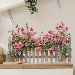 FUFUQUARE Rosen Rosa Wandtattoo Wandaufkleber Kletterrose Zaun Pflanzen Wandsticker Wanddeko für Schlafzimmer Wohnzimmer Kinderzimmer Sofa Hintergrund