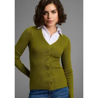 Laura Scott V-Ausschnitt-Pullover Feinstrickpullover mit spannendem Zopfmuster, grün