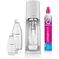 Sodastream Wassersprudler Terra White Value Pack x 3 mit 2 x 1L Flaschen und 1 x 1/2L Flasche spülmaschinenfest und 1 x CO2 Quick Connect Zylinder für bis zu 60L