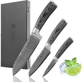 Wakoli Edis Küchenmesser Set 3-teilig in Holzbox aus 67 Lagen Damaststahl mit VG10-Kern, Pakkaholzgriffe, 2 Santoku und Gemüsemesser mit Klingenlängen 17 cm, 12,5 cm und 8,5 cm