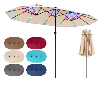 COSTWAY Doppel Sonnenschirm 440x260cm, Terrassenschirm mit Kurbel, LED-Solarbeleuchtung, 12 Lichtmodi & 2 Ladeoptionen, Gartenschirm Marktschirm Beige - Beige