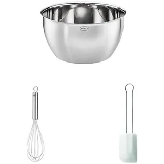 RÖSLE Bundle Basic Line Schüssel, Schneebesen Länge 27 cm, Teigschaber, strapazierfähiges Silikon, -30°C bis +200°C, weiß, extra groß, 32 cm