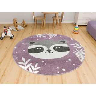 AKCILA Runden Kinderteppich Lima Waschbären Lila Cremig 100 cm | Teppiche für EIN Kinderzimmer mit kurzem Flor, Teppich für einen Jungen und Mädchen, Kinderteppich, Kids Carpet