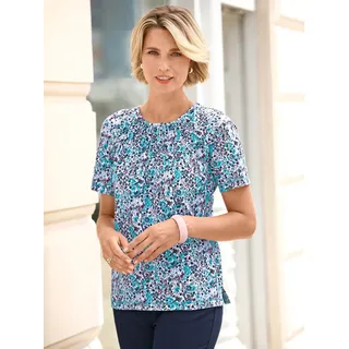 Kurzarmshirt CLASSIC BASICS "Shirt", Damen, Gr. 46, blau (weiß, türkis, bedruckt), 50% Baumwolle, 50% Modal, geblümt, gemustert, mehrfarbig, Rundhals, Shirts Kurzarmshirt