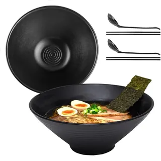 WEIWUXIAN 2 Stück 1000ml Ramen Schüssel aus melamin Japanisches Geschirr Ramen Set Ramenschüssel Asiatisches mit 24cm Essstäbchen und Löffel für Nudeln Suppen Salate Pasta Obst Sushi Pho (1000ml)