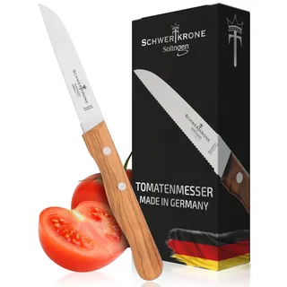 Schwertkrone® Schälmesser Tomatenmesser Premium [MADE IN SOLINGEN - GERMANY] - Gemüsemesser Obstmesser - Küchenmesser klein scharf Schneidemesser Sägemesser - Allzweckmesser - Holzgriff (Klinge: 8cm)