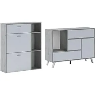 Skraut Home Eingangsbereichs-Set | Esszimmer | Zusatzmöbel | Sideboard Schuhschrank (Cemento-Blanco)