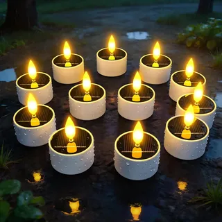 Yme Solar Teelichter für Außen, 12er Set Flackernd Solar Kerzen Outdoor Wasserdicht Teelichter LED Aufladbar Solarkerzen mit Lichtsensor für Garten Terrassen Balkon Laterne Zimmer Deko