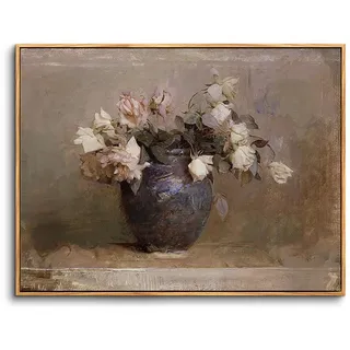 hyidecorart Vintage Leinwand Bilder mit Rahmen Holz, 50x75 cm Wandbilder Wohnzimmer Rosen in Vase Bild Aesthetic, Wanddeko Schlafzimmer Gemälde Badezimmer Kunst Büro Zimmer Esszimmer