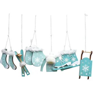 Heitmann Deco Christbaum - Schmuck - Anhänger - Behang Set aus Holz - Wintersport - 6 Formen - Deko - Natur - blau, weiß - ca. 4-6,5 cm