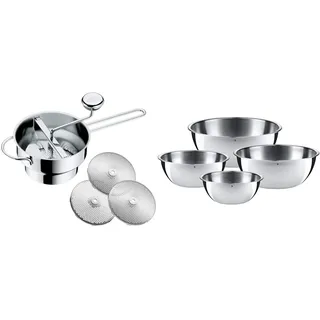 WMF Passiermühle Ø 19cm Cromargan Edelstahl rostfrei rostfrei zerlegbar 3 verschiedene Einsätze & Schüssel-Set Gourmet für die Küche 4-teilig Edelstahl Cromargan Multifunktional als Rührschüssel