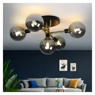 ZMH Deckenleuchte 5 Flammig mit Glas Kugel Grau Deckenlampe Warmweiß G9 Fassung Innenleuchte Kronleuchte für Schlafzimmer Wohnzimmer - Grau