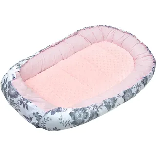 Medi Partners Babynest Kuschelnest Babynestchen 100% Baumwolle Nestchen Reisebett für Babys Säuglinge 100x60x15cm herausnehmbarer Einsatz (Berry mit Rosa Minky)