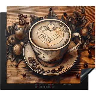 KitchenYeah© Herdabdeckplatte Einteilig Küche Herdabdeckung Induktionsfeld | 59x51 cm - Glaskeramikkochfeld Herdabdeckplatten Vinyl Matte Aufrollbar Kaffee - Vintage - Braun - Tasse - Holz