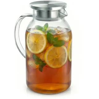 Arendo - 2.3L Glaskaraffe mit Deckel aus Edelstahl – Karaffe aus Glas - hitzebeständig bis +150°C – 2 Liter – Wasserkaraffe Hitze- und kältebeständig