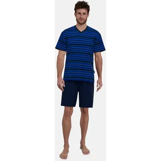 Shorty GÖTZBURG "Bray", Herren, Gr. 50 (M), blau (blau, mittel, ringel), Single Jersey, Obermaterial: 60% Baumwolle, 40% Polyester, gestreift, unifarben, bequem kniefrei, V-Ausschnitt, Homewear-Sets Shorty, V-Ausschnitt, Kurzarm, kurze Hose, Baumwollmix, kühlend, weich
