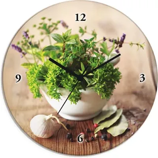 ARTland Glas Wanduhr Quarzuhr - schwarzer Zeiger Verschiedene Kräuter - Küche Größe: 30x30 cm - Grün