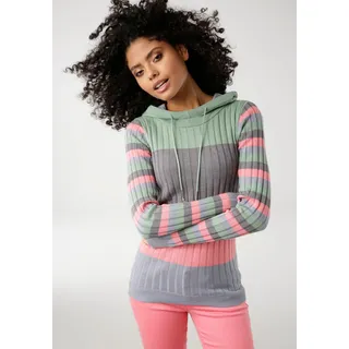Kapuzenpullover KANGAROOS, Damen, Gr. 48/50, bunt (mint, grau, rosa, hellblau), Feinstrick, Obermaterial: 50% Baumwolle, 50% Polyacryl, geringelt, gestreift, sehr figurbetont hüftbedeckend, Rippstrickbündchen mit Daumenlöchern, Pullover Kapuzenpullover, mit trendigem Colorblocking in verschiedenen Streifenbreiten