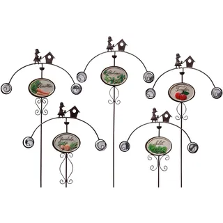 dobar 12830e 5-teiliges Gartenstecker-Set, Metall-Dekostäbe für den Gemüsegarten, Tomate, Salat, Karotte, Bohnen, Zwiebeln, 110 x 40 cm, Braun