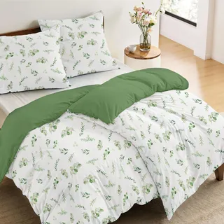 Dreamzie - 4-Teilig Bettwäsche Set 135x200 cm Botanic-Motiv Salbeigrün mit 2 Kissenbezügen 80x80 cm - Bettwäsche 135x200 Einzelbett aus 100% Mikrofaser - Zertifiziert ohne Chemikalien (Oeko TEX)