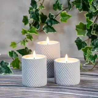 Ideen mit Herz LED-Echtwachskerzen | in dekorativen Beton-Gefäßen | 3er Set | 3 verschiedene Größen | rund mit Rauten-Muster | batteriebetrieben | mit Timer-Funktion