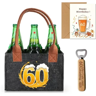 Geschenk 60 Geburtstag, Männerhandtasche Bier mit Flaschenöffner und Grußkarten für Männer, Lustige Geschenke zum 60. Geburtstags, Männerhandtasche Bier Flaschenträger für 6 Bierflaschen (60th)