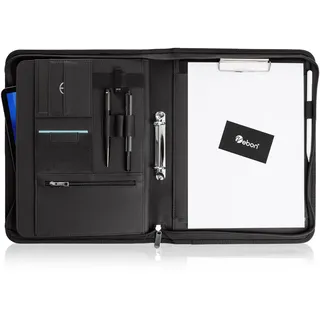 Vebon® Schreibmappe Ringbuch A4"Paris" I Reißverschluss + Klemmbrett I Dokumentenmappe + Laptoptasche I extra Stauraum I Kunstleder I Schwarz