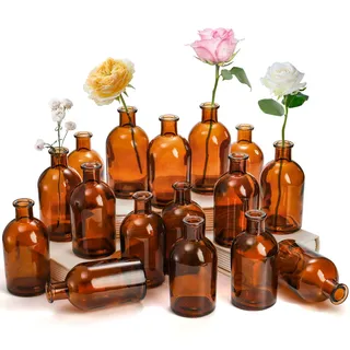 youeon 16 Stück Bernstein Glas Knospe Vase, 250 ml Lebende Knospe Vasen, Kleine Vasen für Blumen, Dekorative Bernstein Flaschen für Tisch Centerpiece, Home Decor, Hochzeit Empfang, Vintage Stil Braun