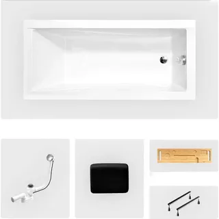 Rechteckige Badewanne - 180 x 80 cm - ohne Verkleidung - mit Füßen - Kopfstütze - Bambusablage - Chromablauf - MODERN