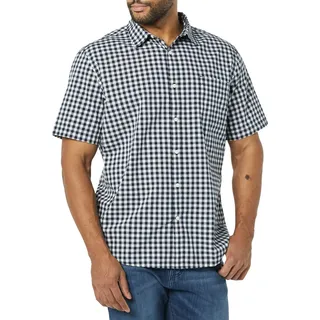 Amazon Essentials Herren Kurzarm-Hemd aus Stretch-Popeline, Normale Passform (in Übergrößen erhältlich), Marineblau Weiß Vichy-muster, 5XL Große Größen